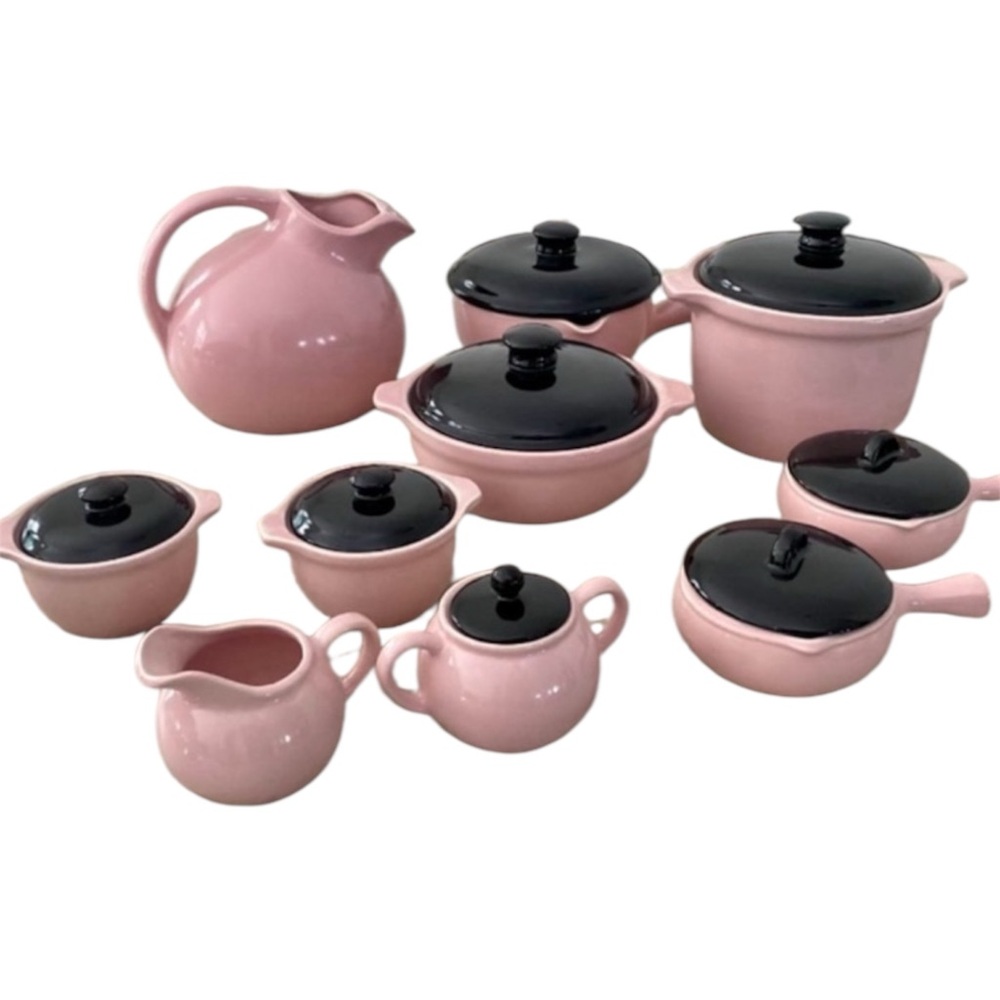 Vintage Set of Cronin Stoneware in Pink & Black - 10 Pieces